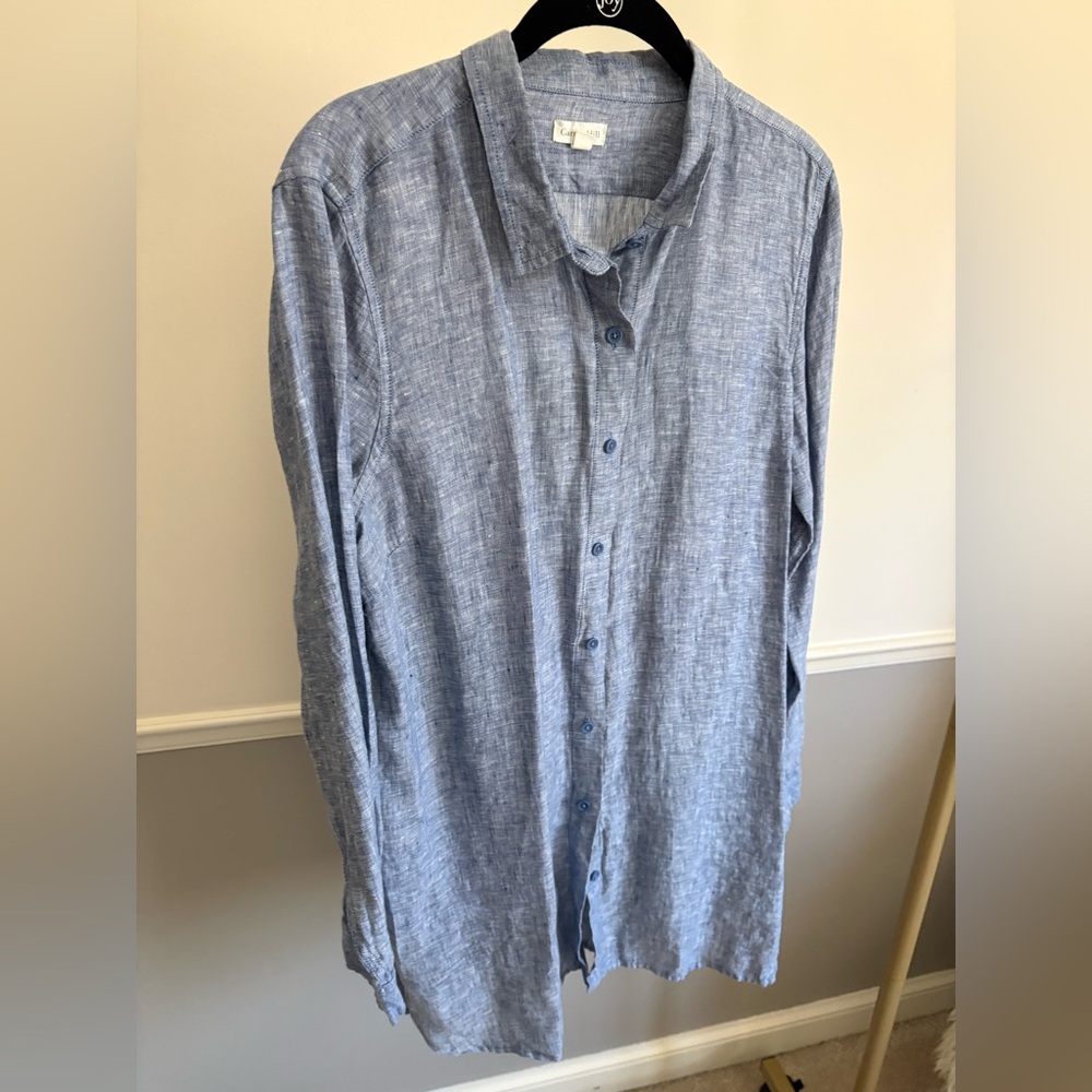 Garnet Hill Linen Denim Blue Button-Up Long Shirt